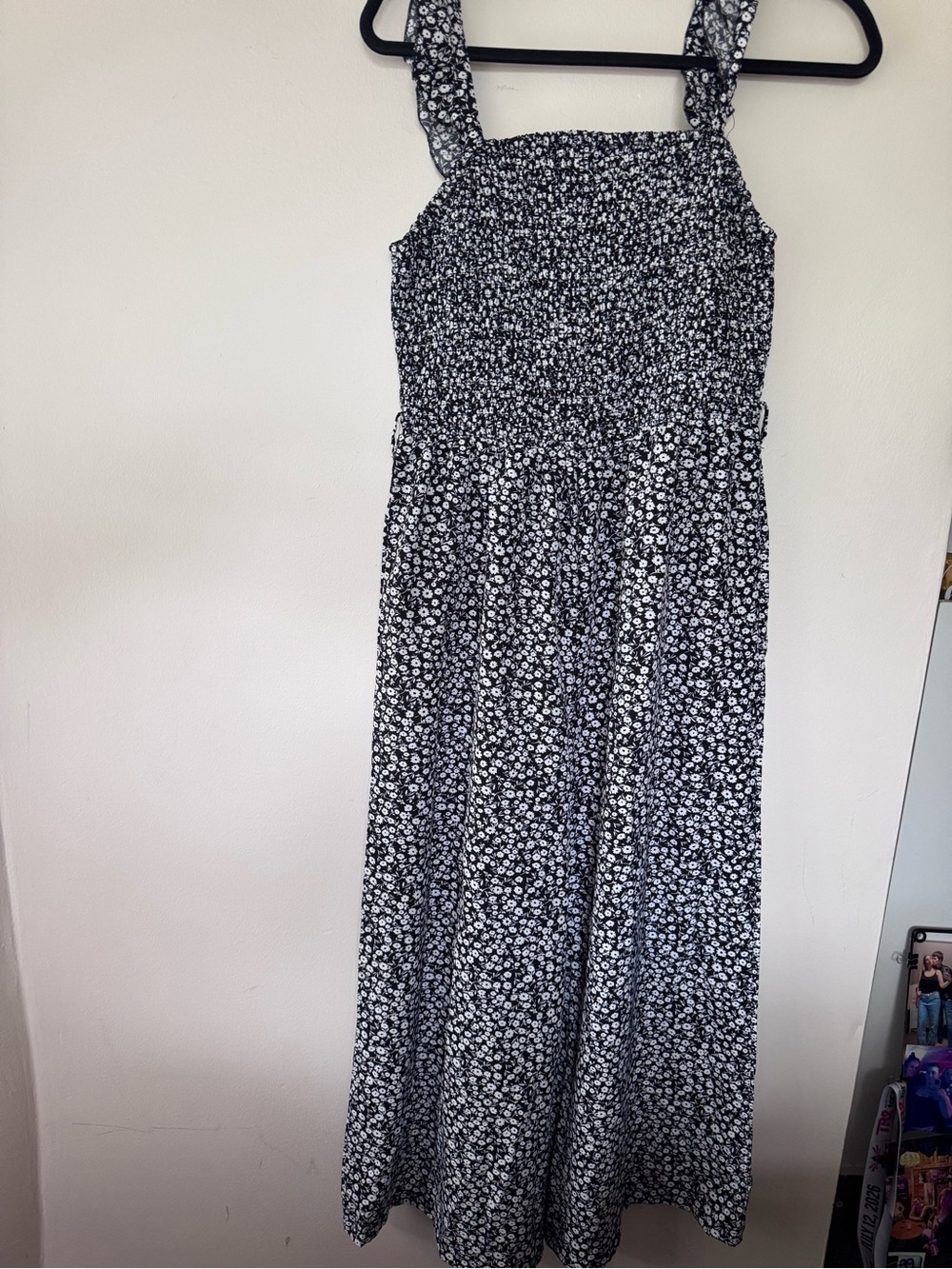 SHEIN Black & White Floral Smocked Maxi Jumpsuit